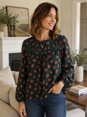 LOFT Medium Dark Green Floral Long-Sleeve Flowy Peasant Blouse Spring Summer